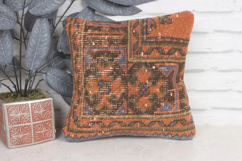 Pillow Sham, Kilim Pillow, Personalized Gift Pillow Pillow Cover, Vintage Kilim Pillow, 12x12 Orange Pillow Cover, Ethnical Kilim Rug Pillow - 1