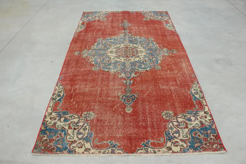 4.7x8.5 ft Vintage Türk Halısı, Alan Halısı, Kırmızı Oushak Çizgili Halı - 1