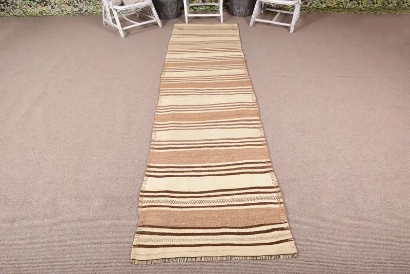 Türk Vintage Halısı, 2.9x10.9 ft Runner Halısı, Kahverengi Beyaz Paisley Halısı - 1
