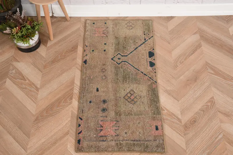 Türk Halısı, Küçük 1.4x3 ft Vintage Halı, Kahverengi Mavi Patchwork Yün Halı - 1