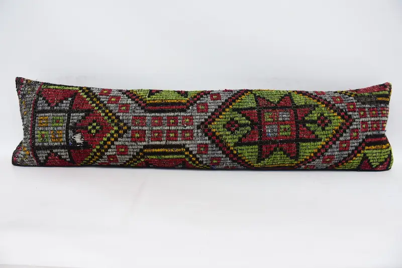 Cushion Case, Pillow for Sofa, Bolster Throw Pillow, Vintage Kilim Pillow, Ikat Pillow Cover, 12x48 Green Cushion Case, Throw Kilim Pillow - 1