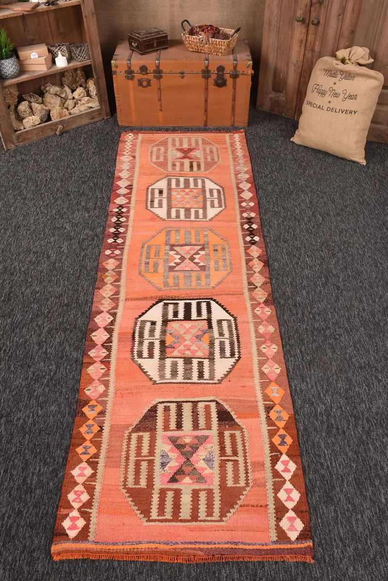 Vintage Halı, 3x9.8 ft Runner Halı, Turuncu Çizgili Yün Türk Halısı - 1