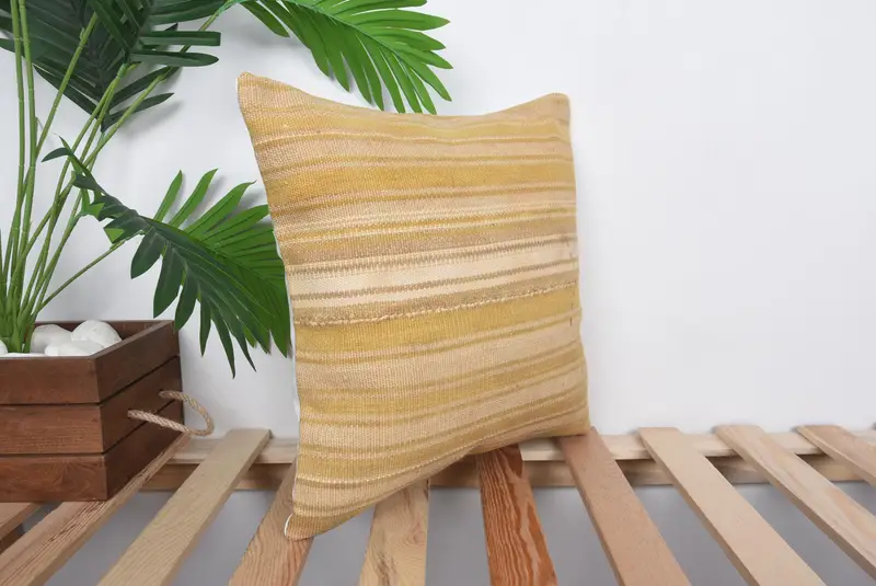 Handmade Kilim Cushion, Vintage Pillow, 14x14 Yellow Pillow Case, Bolster Pillow Sham, Boho Pillow, Kilim Rug Pillow Sham, Cushion Cover - 4