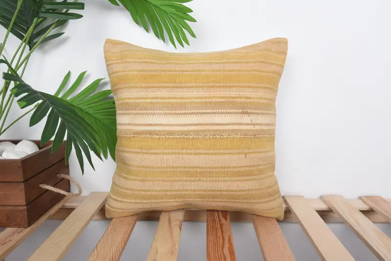 Handmade Kilim Cushion, Vintage Pillow, 14x14 Yellow Pillow Case, Bolster Pillow Sham, Boho Pillow, Kilim Rug Pillow Sham, Cushion Cover - 1