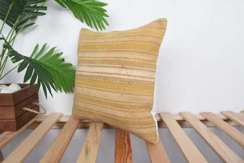 Handmade Kilim Cushion, Vintage Pillow, 14x14 Yellow Pillow Case, Bolster Pillow Sham, Boho Pillow, Kilim Rug Pillow Sham, Cushion Cover - 5