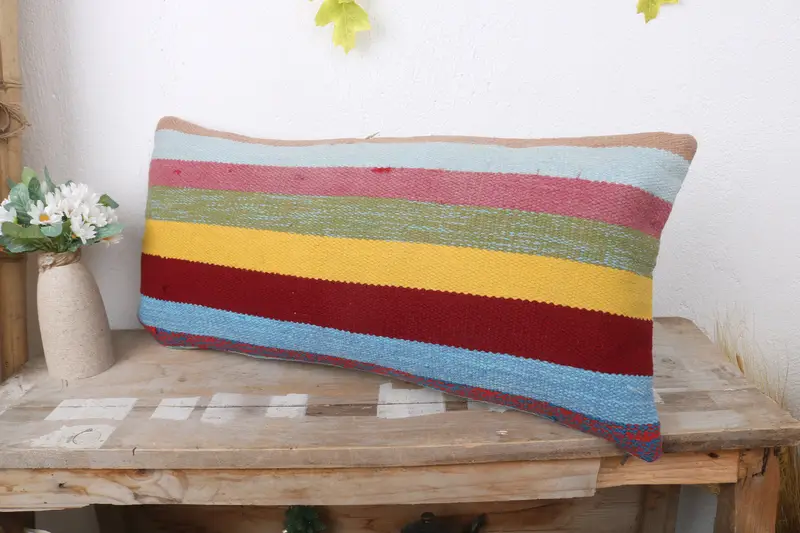 Vintage Kilim Throw Pillow, Home Decor Pillow, 12x24 Rainbow Cushion Case, Ethnical Kilim Rug Pillow, Retro Cushion, Pillow Sham - 4
