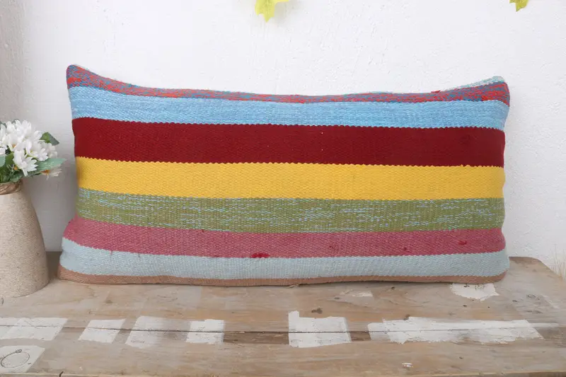 Vintage Kilim Throw Pillow, Home Decor Pillow, 12x24 Rainbow Cushion Case, Ethnical Kilim Rug Pillow, Retro Cushion, Pillow Sham - 2