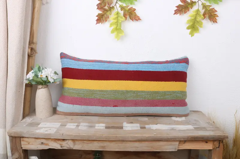 Vintage Kilim Throw Pillow, Home Decor Pillow, 12x24 Rainbow Cushion Case, Ethnical Kilim Rug Pillow, Retro Cushion, Pillow Sham - 1
