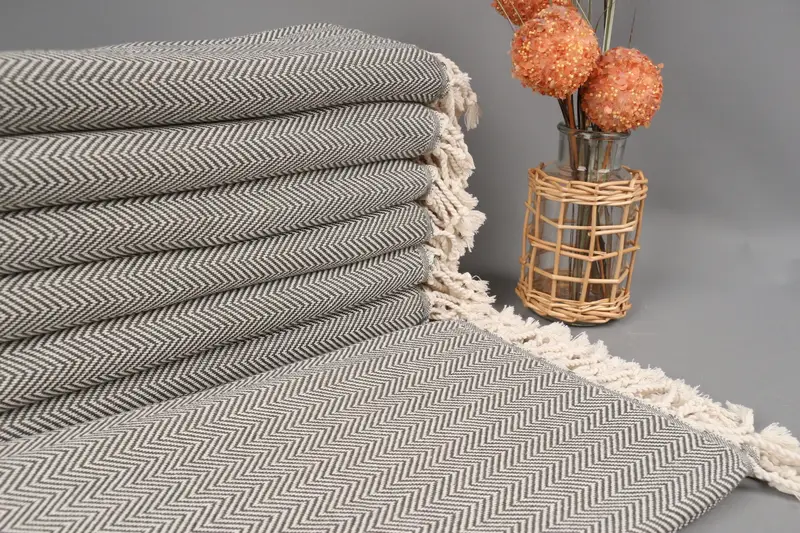 Custom Beach Towel Monogram Khaki Green Herringbone, Organic Cotton, 40x71 Inches