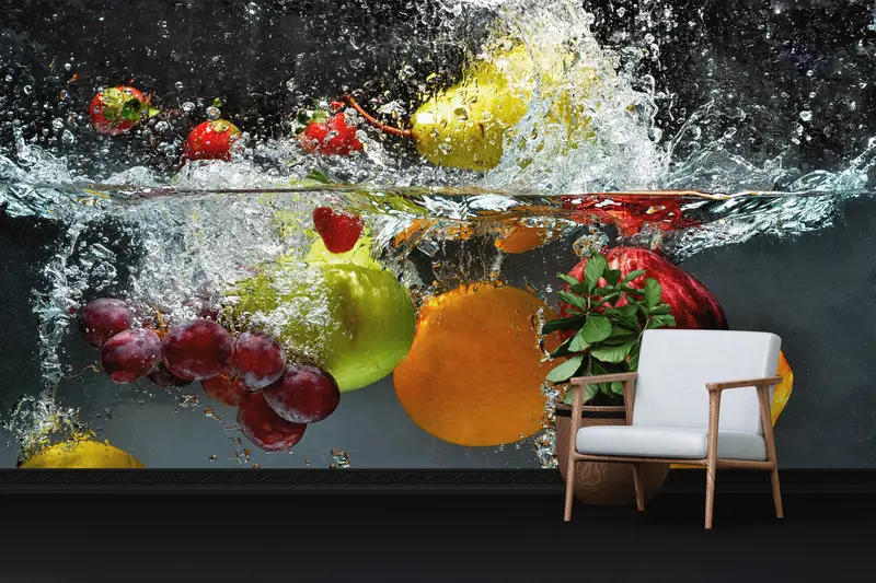 Trendy Meyveler Splash Mutfak Duvar Kağıdı: Renkli, Sanatsal, Baskılı