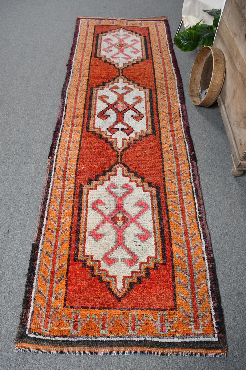 Red & Orange Rug, 3x9.5 ft Geometric Floral Design