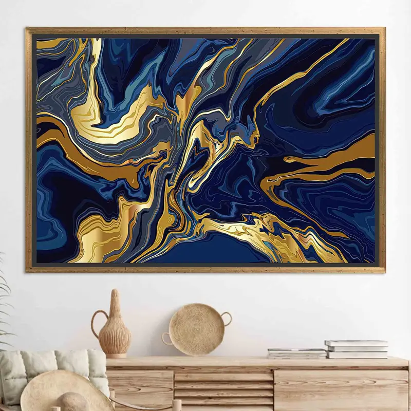 Navy Blue Shimmery Gold Marble Abstract Canvas Print