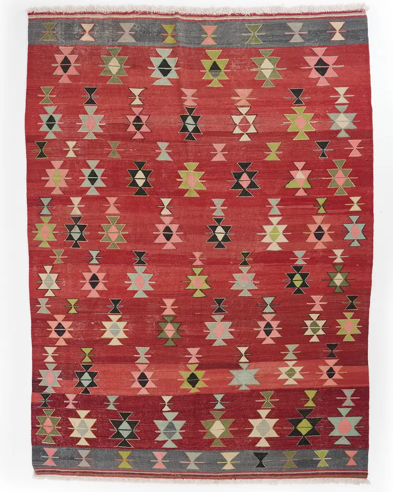 Kırmızı Halı, Yeşil Desenli 6,2x9,1 ft