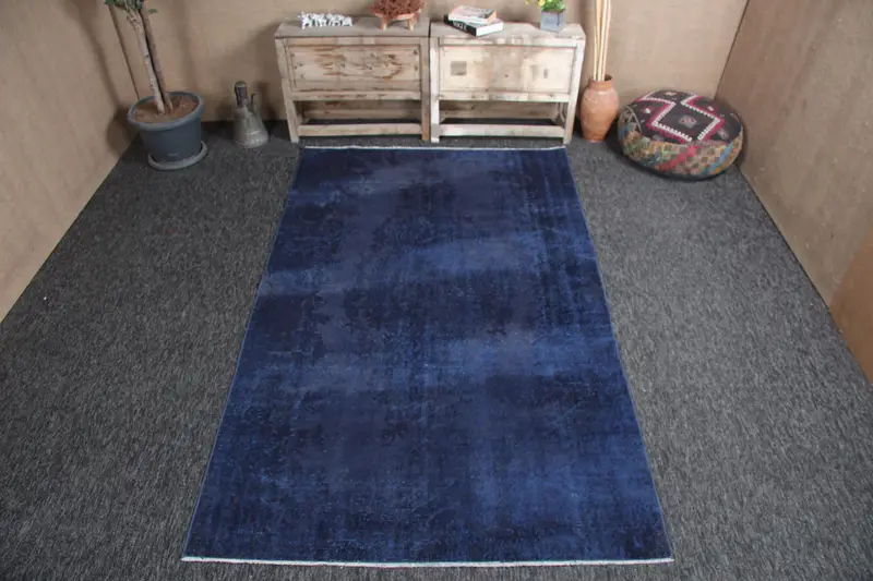 4.8x7.7 ft Vintage Halı, Oushak Halı, Mavi Düz Halı Yün - 1