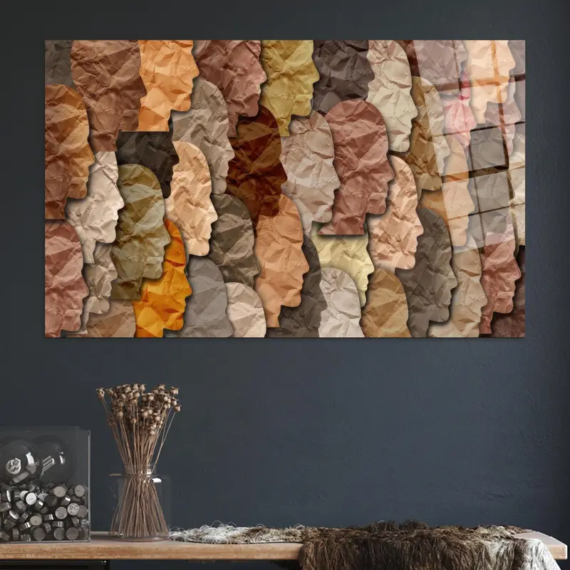 Trendiger Leinwanddruck mit abstrakten Gesichtern in Braun – künstlerische Heimdekoration