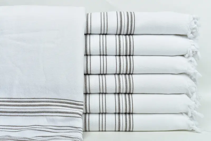 Turkish Bath Towel Embroidered Beach Towel Brown Beige Stripes, 40x71 Inches