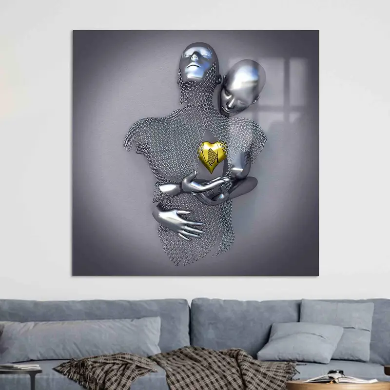 Aşıklar için Romantik 3D Metalik Gümüş Çift Kanvas Tablo