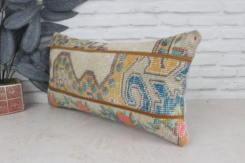 Turkish Kilim Pillow, Handmade Rug Seat Pillow, Meditation Pillow, 12x24 Blue Cushion, Pillow for Couch, Pillow Cover, Pillow for Sofa - 4
