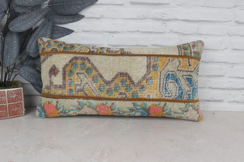 Turkish Kilim Pillow, Handmade Rug Seat Pillow, Meditation Pillow, 12x24 Blue Cushion, Pillow for Couch, Pillow Cover, Pillow for Sofa - 1