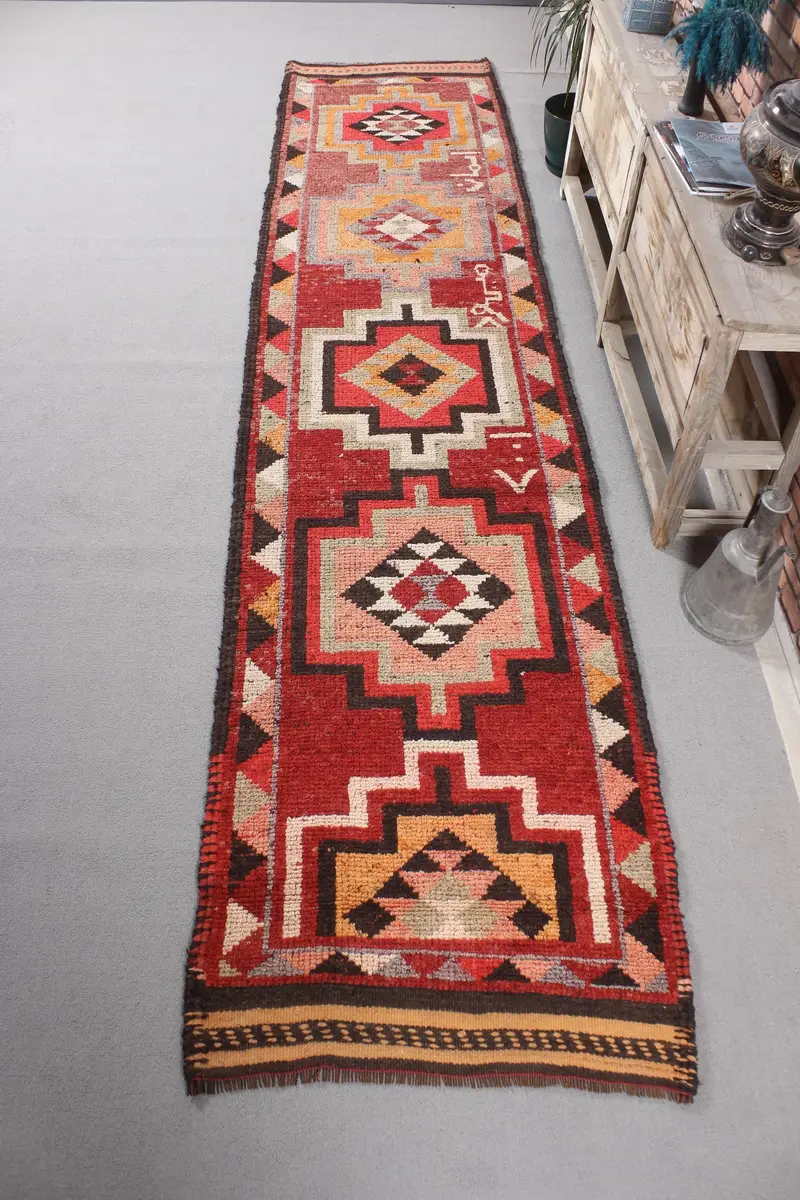 Vintage Rug, 2.8x12.3 ft Runner Turkish Rug, Herki Red Brown Abstract Rug - 1