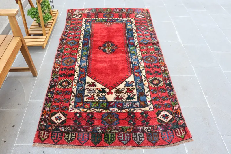 Oushak Türk Halısı, 3.7x6.6 ft Vintage Halı, Kırmızı Kareli Yün Halı - 1