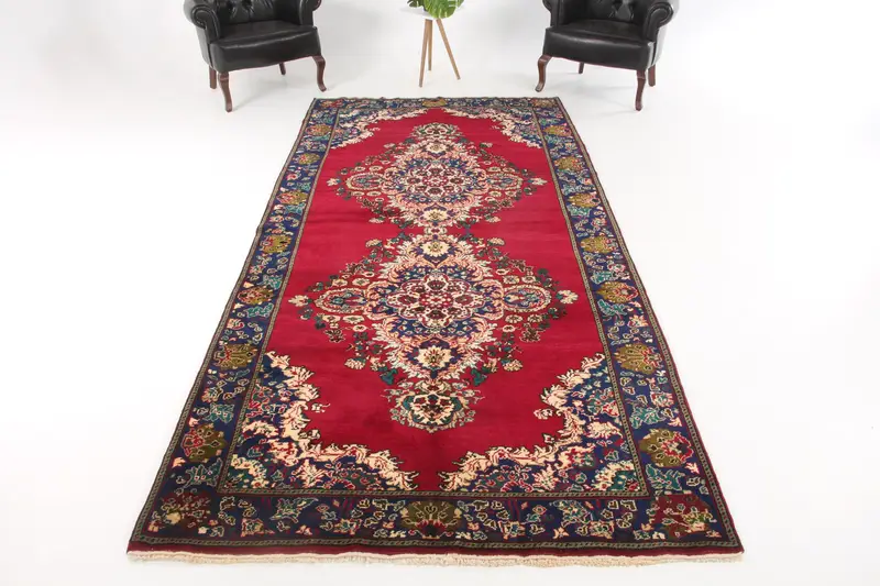Oushak Turkish Rug, 5.3x11.4 ft Vintage Rug, Red Striped Wool Rug - 1