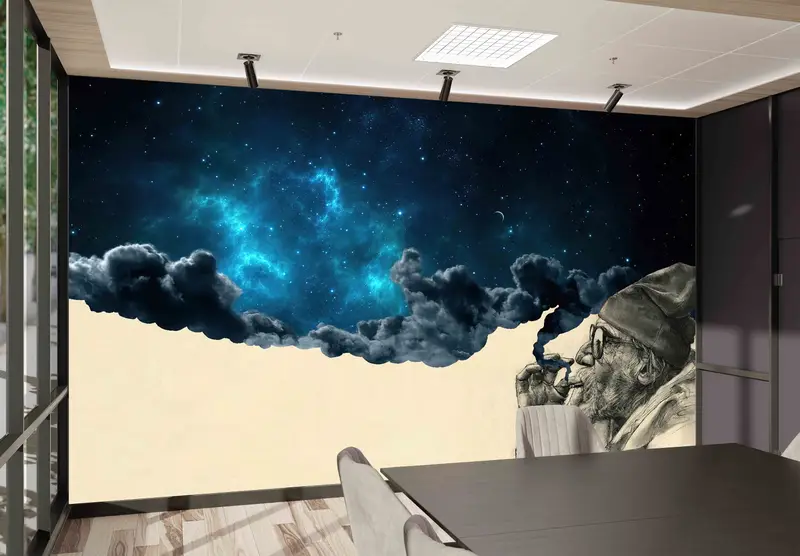 Çağdaş Baskılı Duvar Kağıdı: Yıldızlı Gökyüzünün Altında Sigara İçen Yaşlı Adam