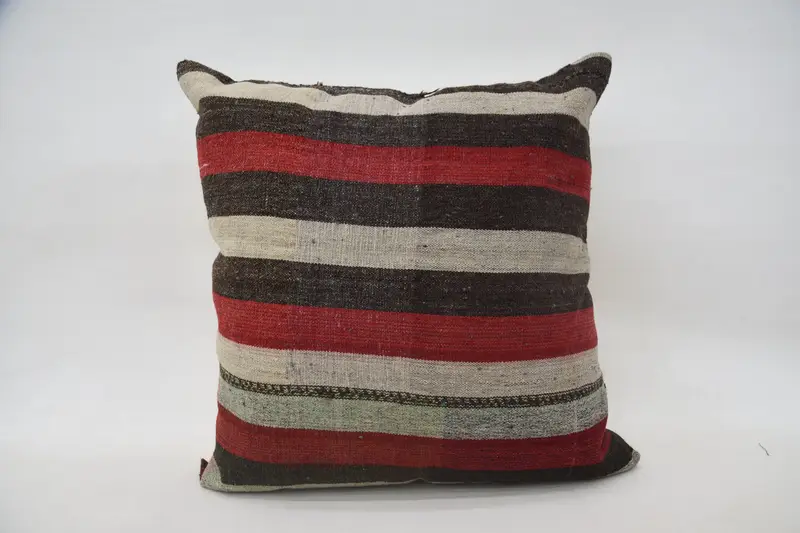 Handwoven Turkish Red Pillow, Antique 24x24 inch Striped Bolster Cushion Cover - 1