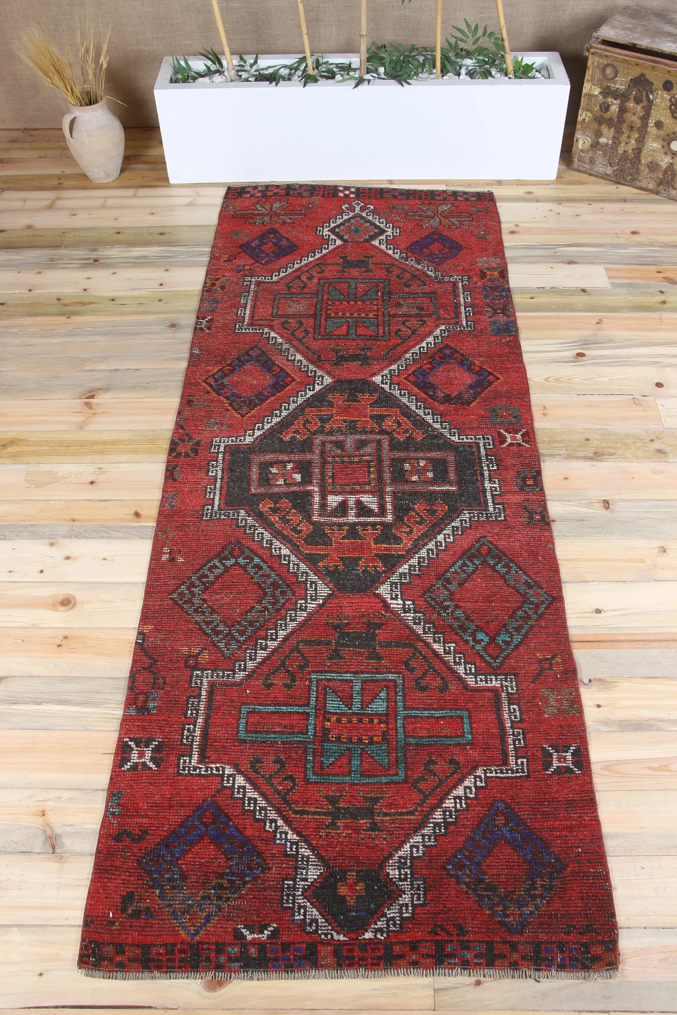 Turkish Vintage Runner Rug 3.5x9.6 ft, Red Black Geometric Rug - 1