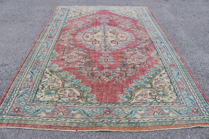 7x10.3 ft Vintage Rug, Turkish Oversize Rug, Red Blue Solid Wool Rug - 1