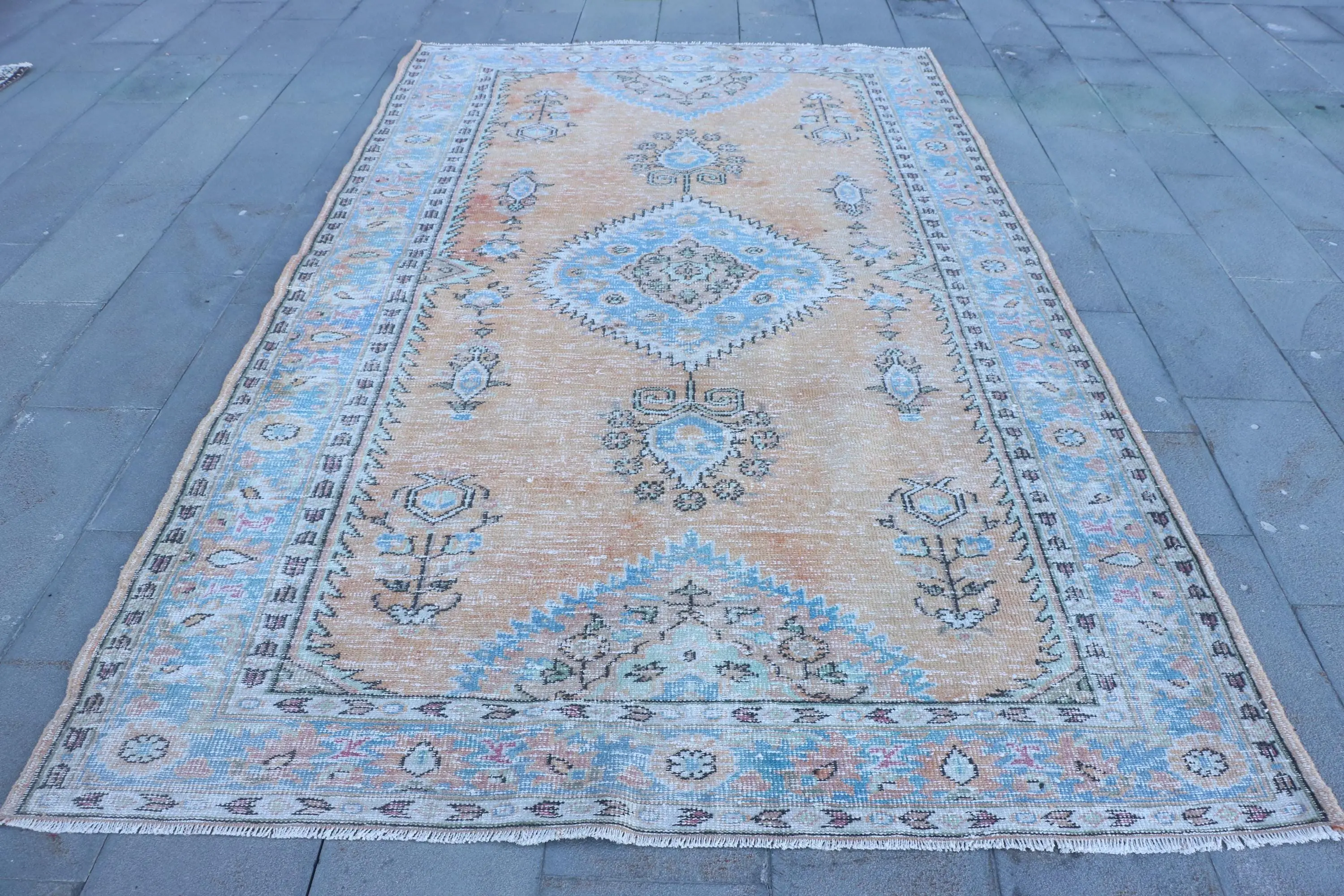 Türk Halısı, 6.1x10.1 ft Vintage Halı, Mavi Kahverengi İkat Yün Halı - 1