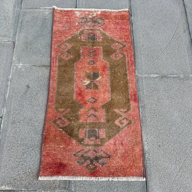 Vintage Turkish Small Rug 1.3x2.8 ft, Red Brown Striped Wool Rug - 1