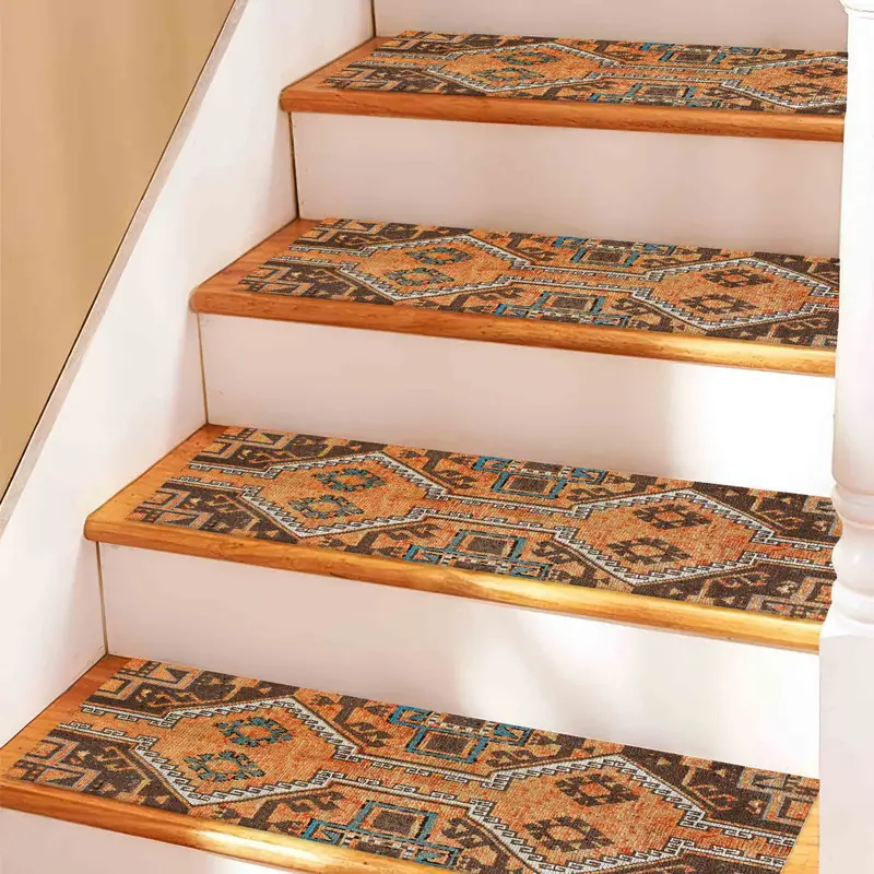 Orange & Brown Geometric Stair Rug, Ethnic Kilim Design Printed Rug