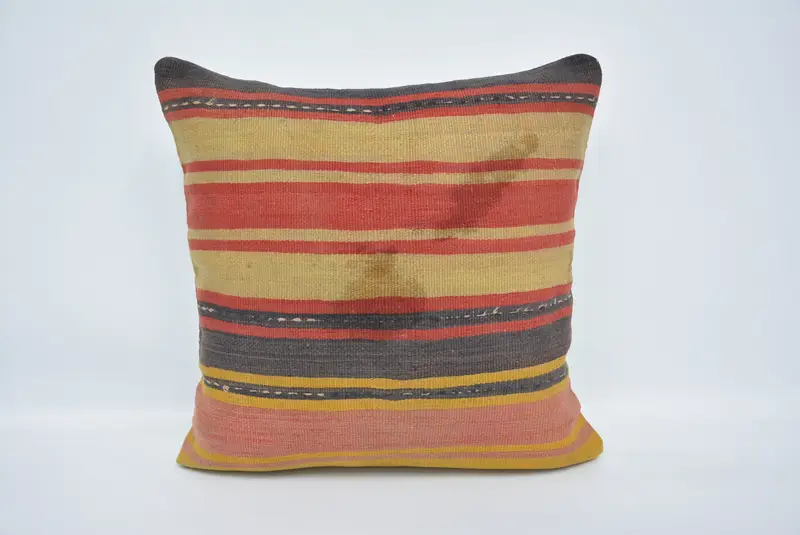 Almohada de tiro a rayas hecha a mano, cojín bordado vintage