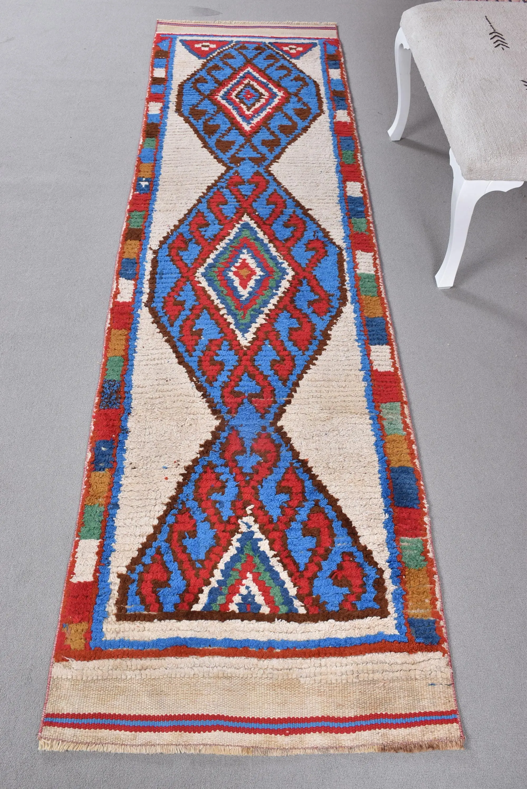 Vintage Turkish Runner Rug 2.6x9.9 ft, Red Blue Solid Rug - 1