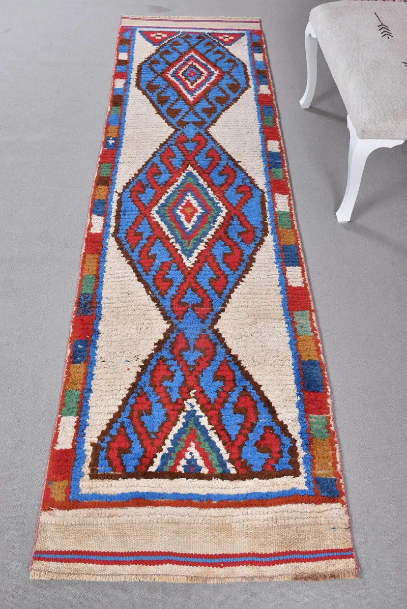 Zarif Bej ve Mavi Halı, 2,6x9,9 ft Şık Dekor