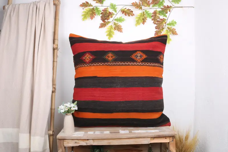 Pillow Cover, Accent Throw Cushion Case, Turkish Kilim Pillow, 32x32 Brown Pillow Cover, Vintage Pillow, Ethnical Kilim Rug Pillow - 1