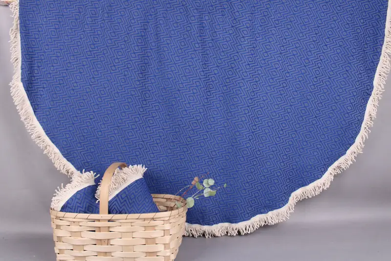 Turkish Beach Towel Personalized Sax Blue with Beige, Round, 63x63 Inches