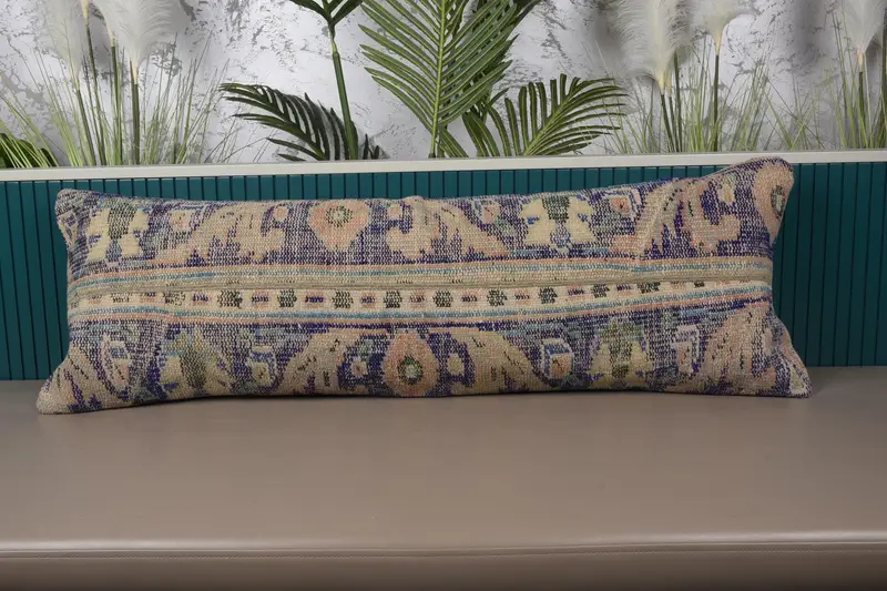 Blaues und oranges Patchwork-Wurfkissen, 16 x 48 handgefertigtes Leinenkissen