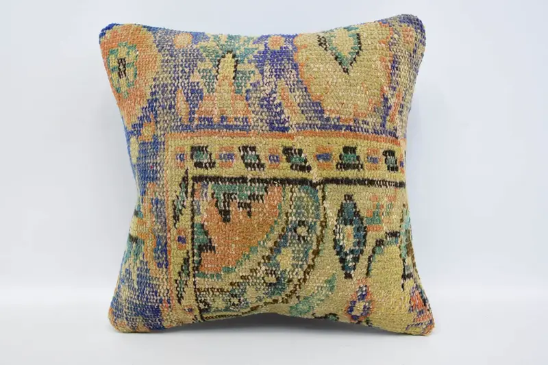 Throw Kilim Pillow, Vintage Pillow, Pattern Throw Pillow Sham, Pillow Sham, Kilim Pillow, 16x16 Beige Pillow Case, Knitted Cushion Case - 1