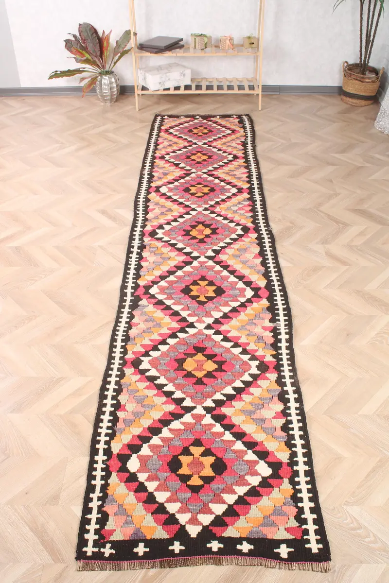 2.5x11.9 ft Halı, Türk Vintage Halısı, Kırmızı Turuncu Oryantal Yün Halı - 1