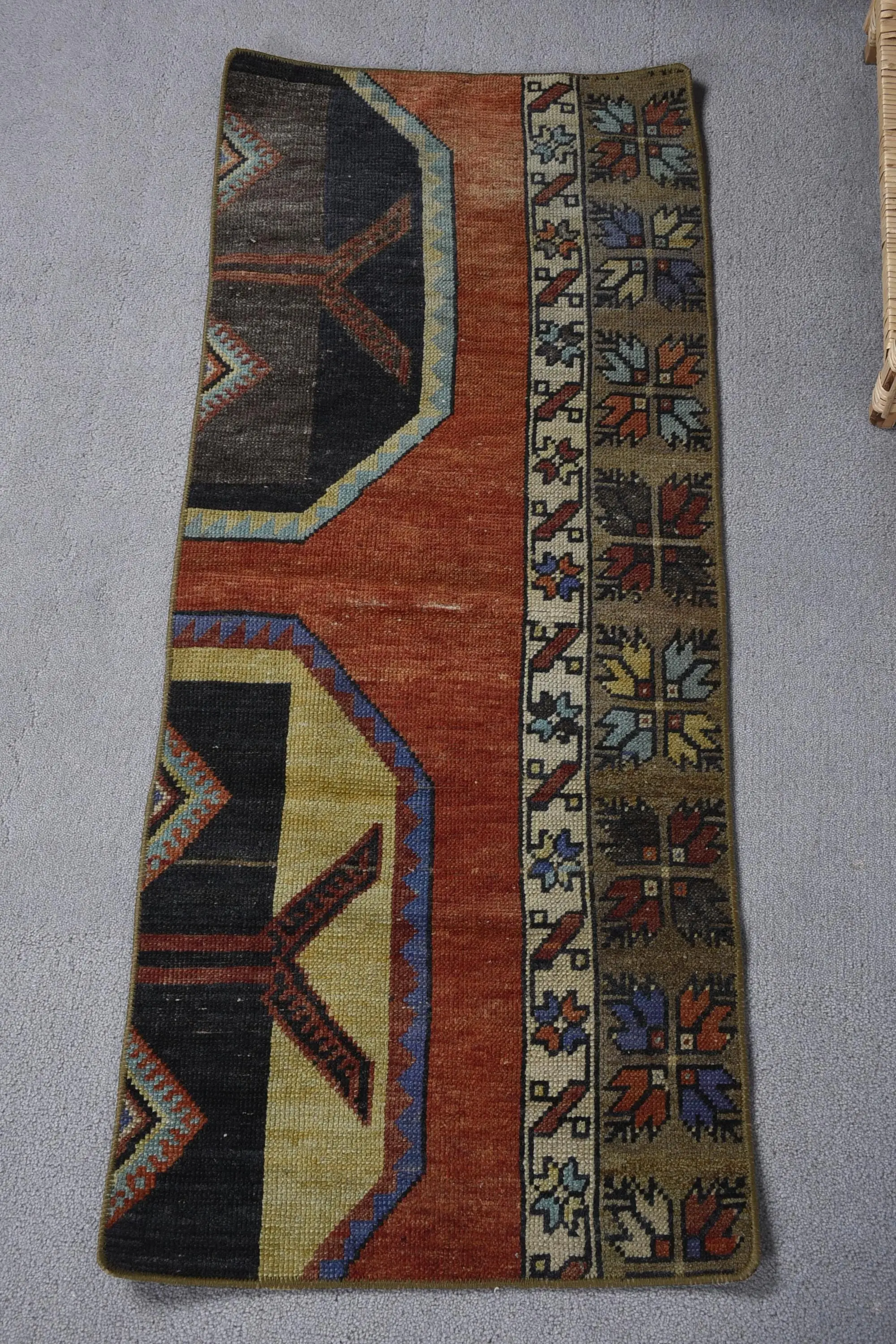 1.6x4 ft Rug, Turkish Vintage Rug, Red Blue Floral Wool Rug - 1