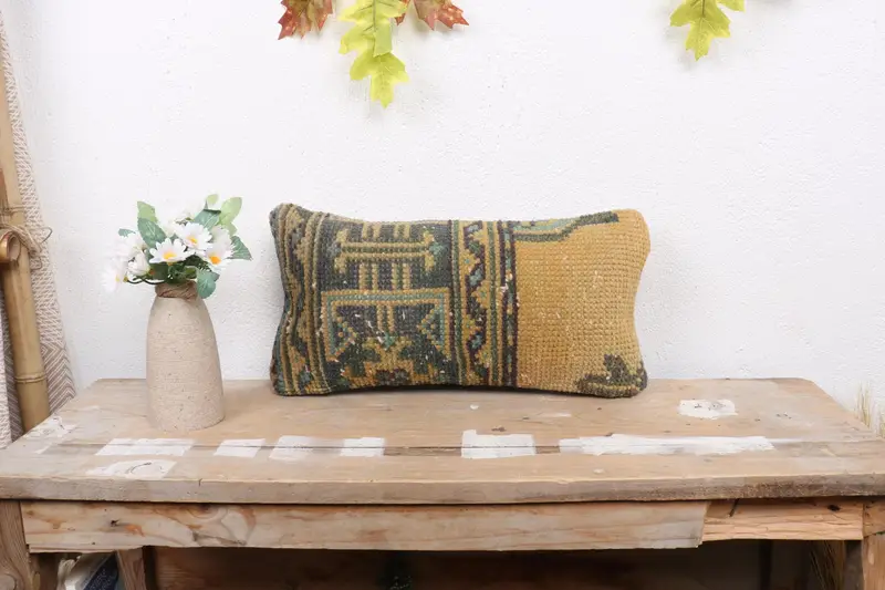 Vintage Kilim Pillow, Designer Throw Pillow, 8x16 Blue Pillow Sham, Boho Pillow Sham Cover, Home Decor Pillow, Knitted Pillow Case, Pillow Sham - 1