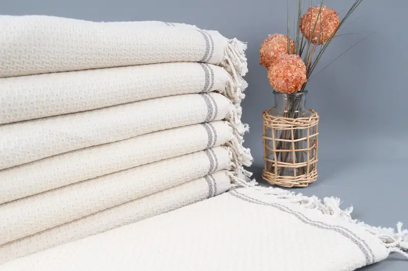 Embroidered Beach Towel Brown Stripes, Organic Cotton, 36x67 Inches