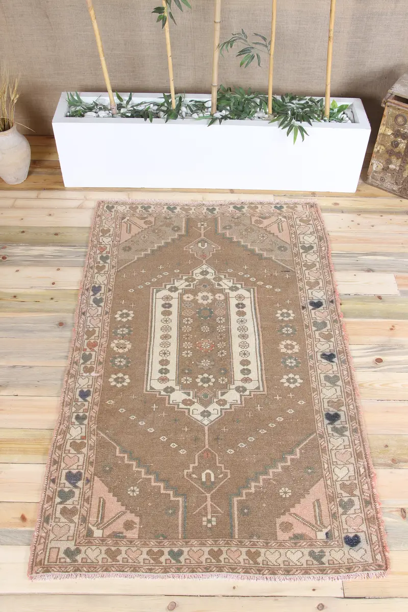 3.8x6.2 ft Halı, Accent Vintage Halı, Kahverengi Oushak Çiçekli Halı - 1
