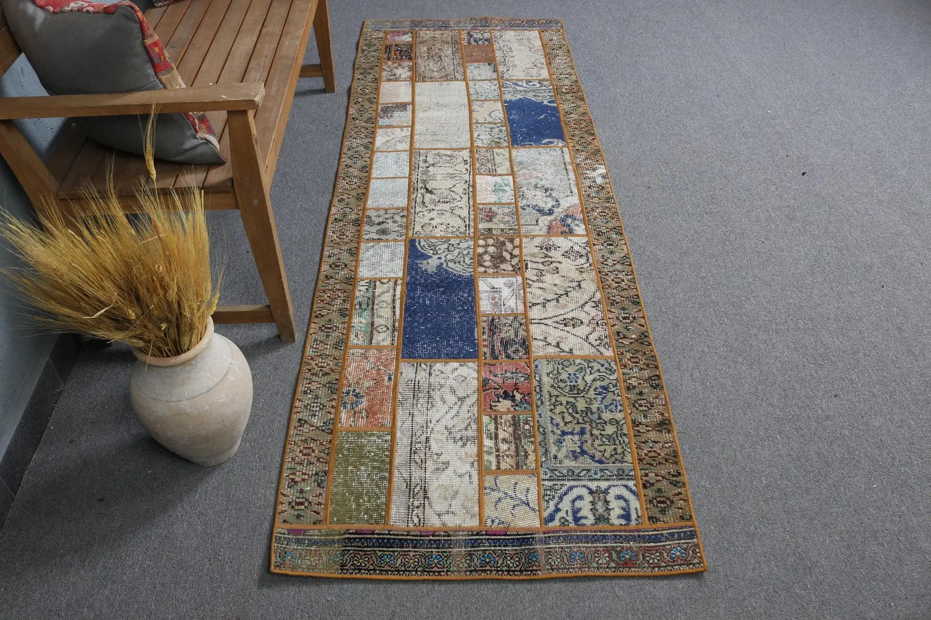 Alfombra Vintage Runner 2.6x7.9 ft, Azul Marrón Plantas y árboles Alfombra Lana - 1