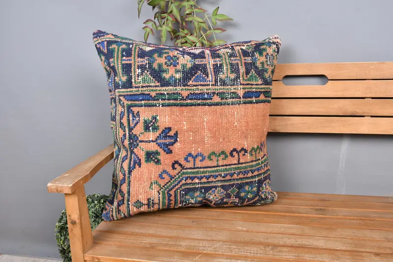 Ethnic Throw Cushion Cover, 24x24 Orange Pillow Cover, Kilim Pillow, Pillow Case, Turkish Kilim Pillow, Turkish Pillow, Neutral Throw Pillow Case - 1