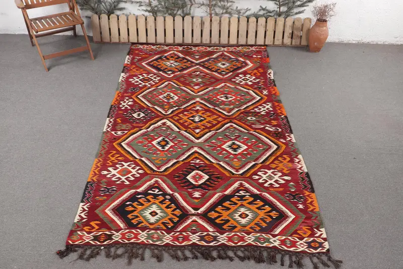 El Yapımı Kırmızı & Turuncu Kareli Halı, 5,2x8,9 ft