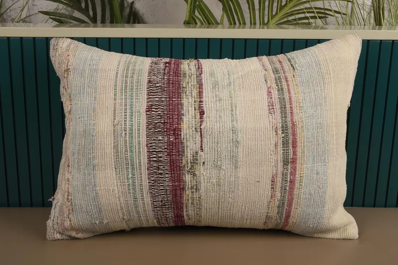 Throw Wool White Pillow Cover, Striped Antique 16x24 inch Cushion Case - 1