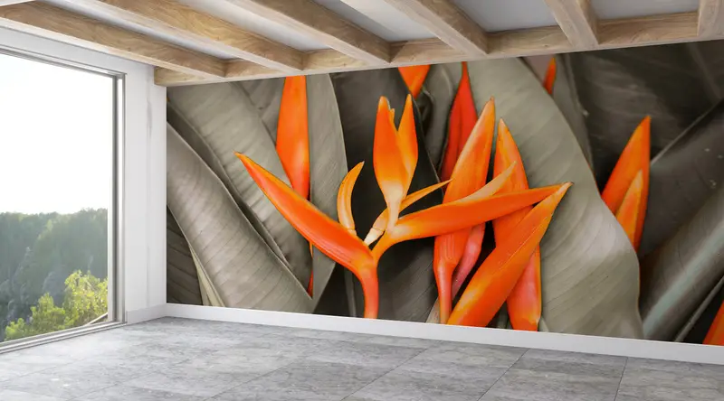 Moderne, mit Blättern orange bedruckte Tapete: Trendige, elegante Inneneinrichtung